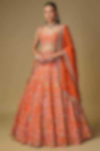 Orange Raw Silk Embroidered Bridal Lehenga Set by Shlok Design at Pernia's Pop Up Shop