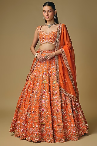 Orange Raw Silk Embroidered Lehenga Set by Shlok Design
