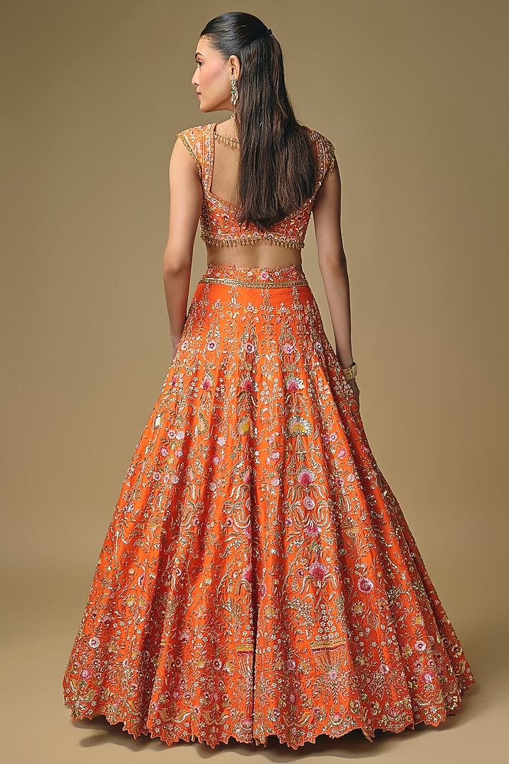 Orange Raw Silk Embroidered Bridal Lehenga Set by Shlok Design at Pernia's Pop Up Shop