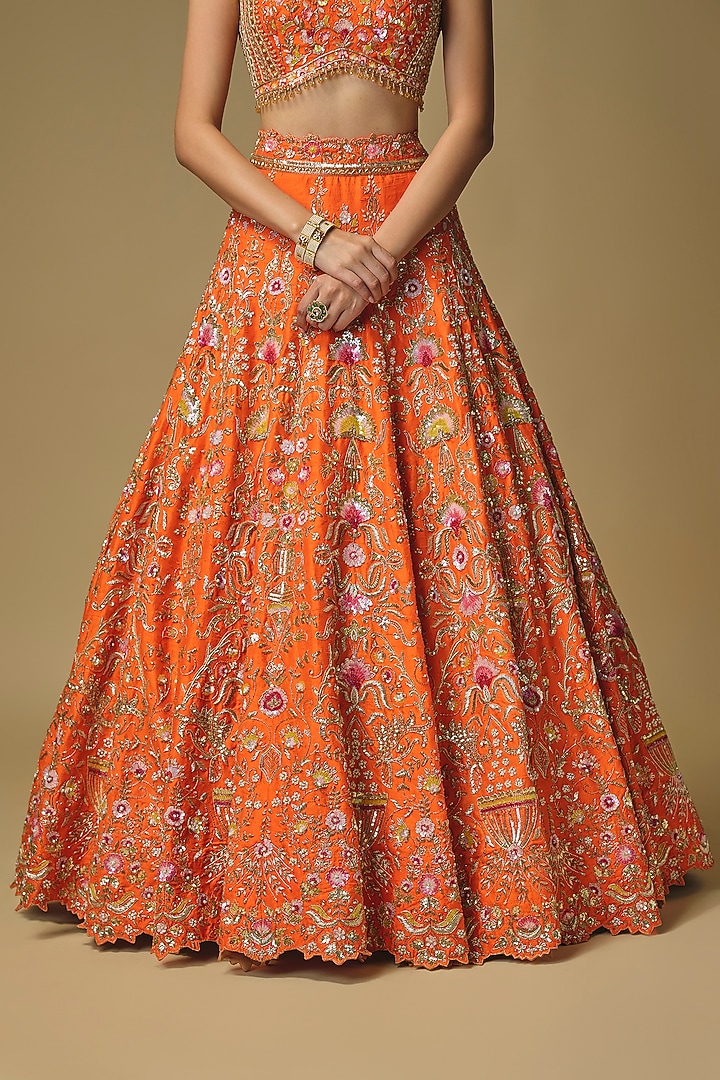 Orange Raw Silk Embroidered Bridal Lehenga Set by Shlok Design at Pernia's Pop Up Shop