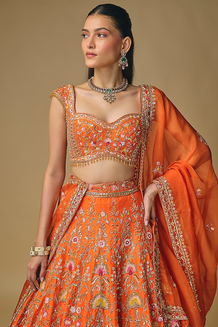 Orange Raw Silk Embroidered Bridal Lehenga Set by Shlok Design at Pernia's Pop Up Shop