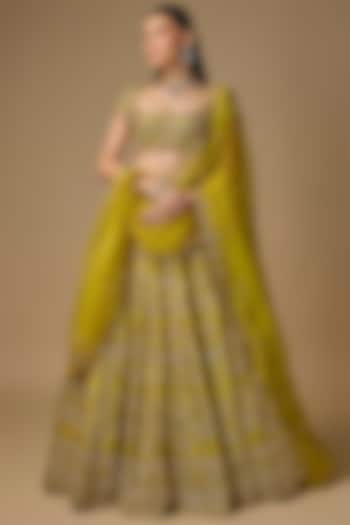 Mehendi Green Dupion Zardosi Embroidered Bridal Lehenga Set by Shlok Design at Pernia's Pop Up Shop