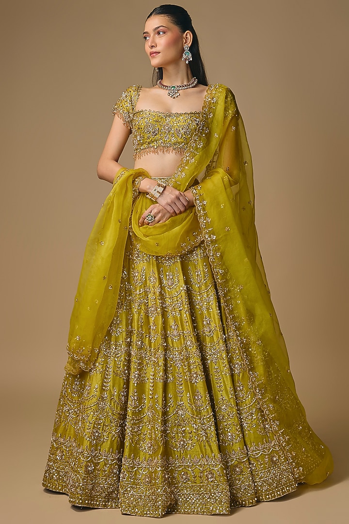 Mehendi Green Dupion Zardosi Embroidered Bridal Lehenga Set by Shlok Design at Pernia's Pop Up Shop