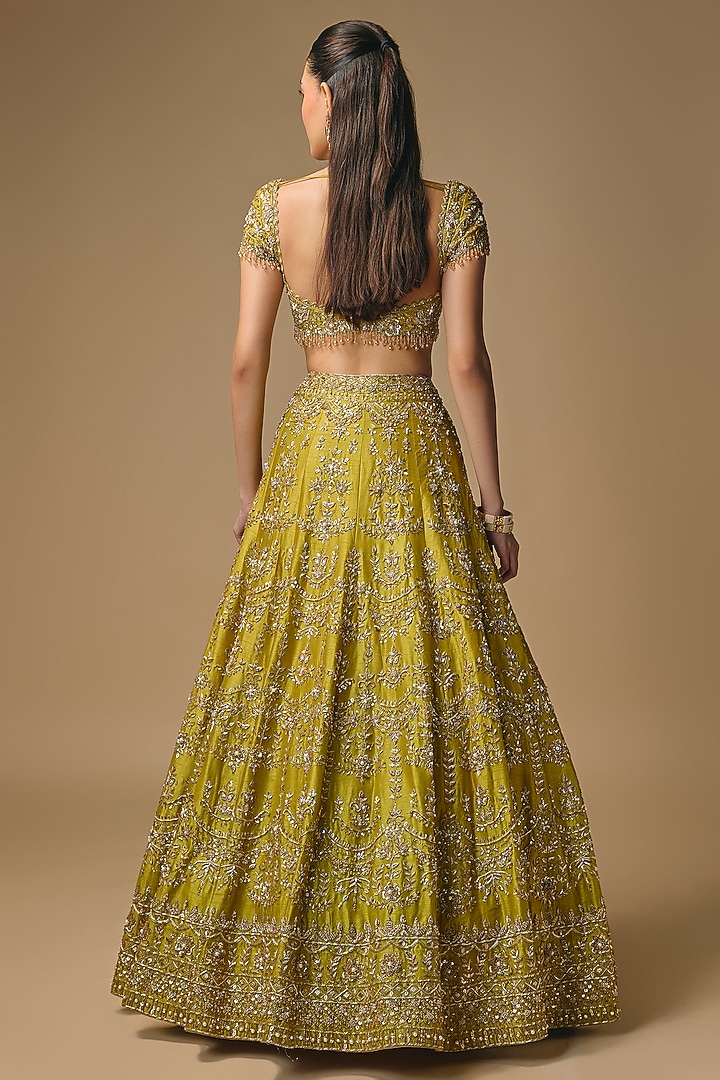 Mehendi Green Dupion Zardosi Embroidered Bridal Lehenga Set by Shlok Design at Pernia's Pop Up Shop