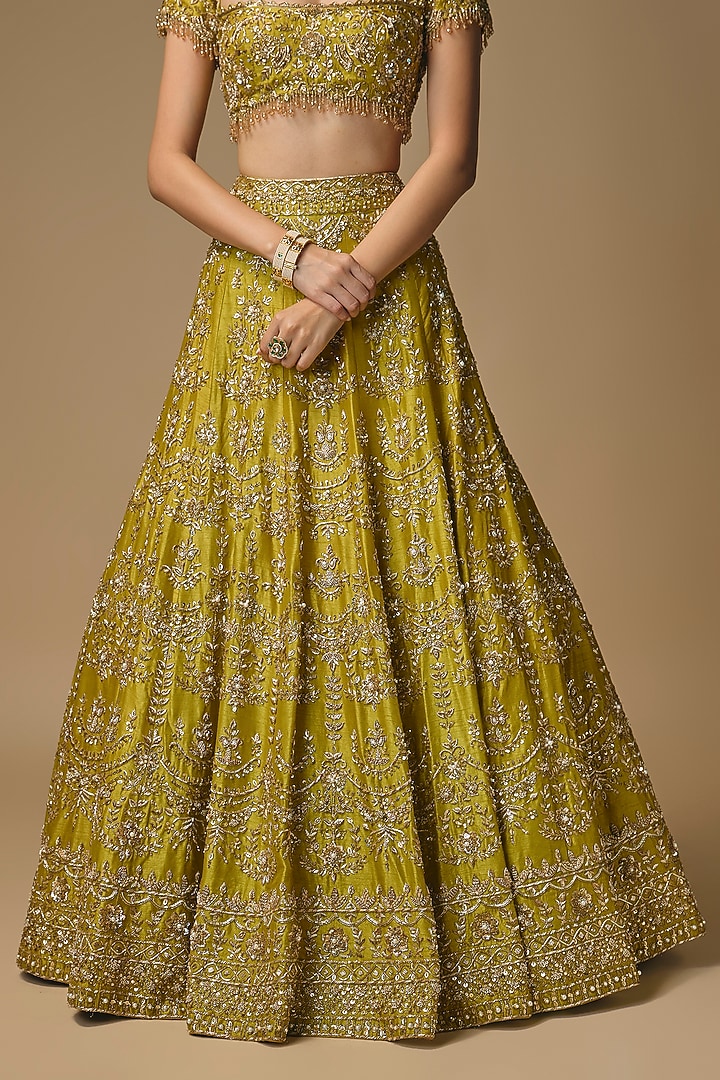 Mehendi Green Dupion Zardosi Embroidered Bridal Lehenga Set by Shlok Design at Pernia's Pop Up Shop