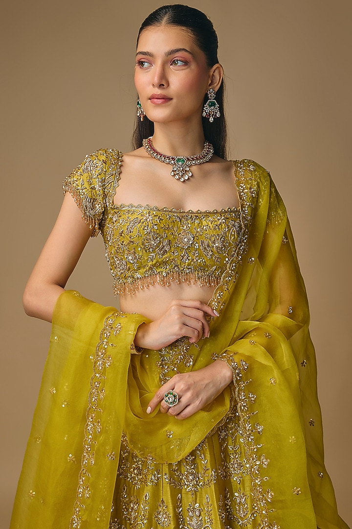 Mehendi Green Dupion Zardosi Embroidered Bridal Lehenga Set by Shlok Design at Pernia's Pop Up Shop