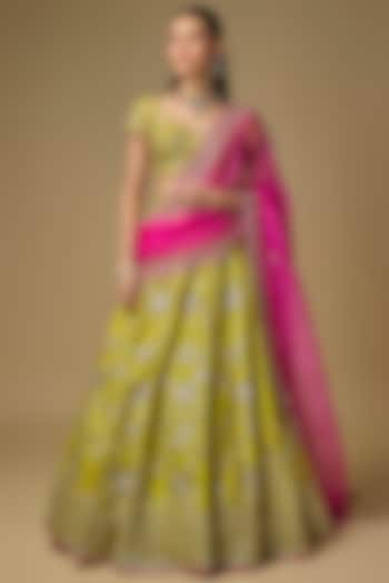 Bright Green Dupion Zardosi Embroidered Bridal Lehenga Set by Shlok Design at Pernia's Pop Up Shop