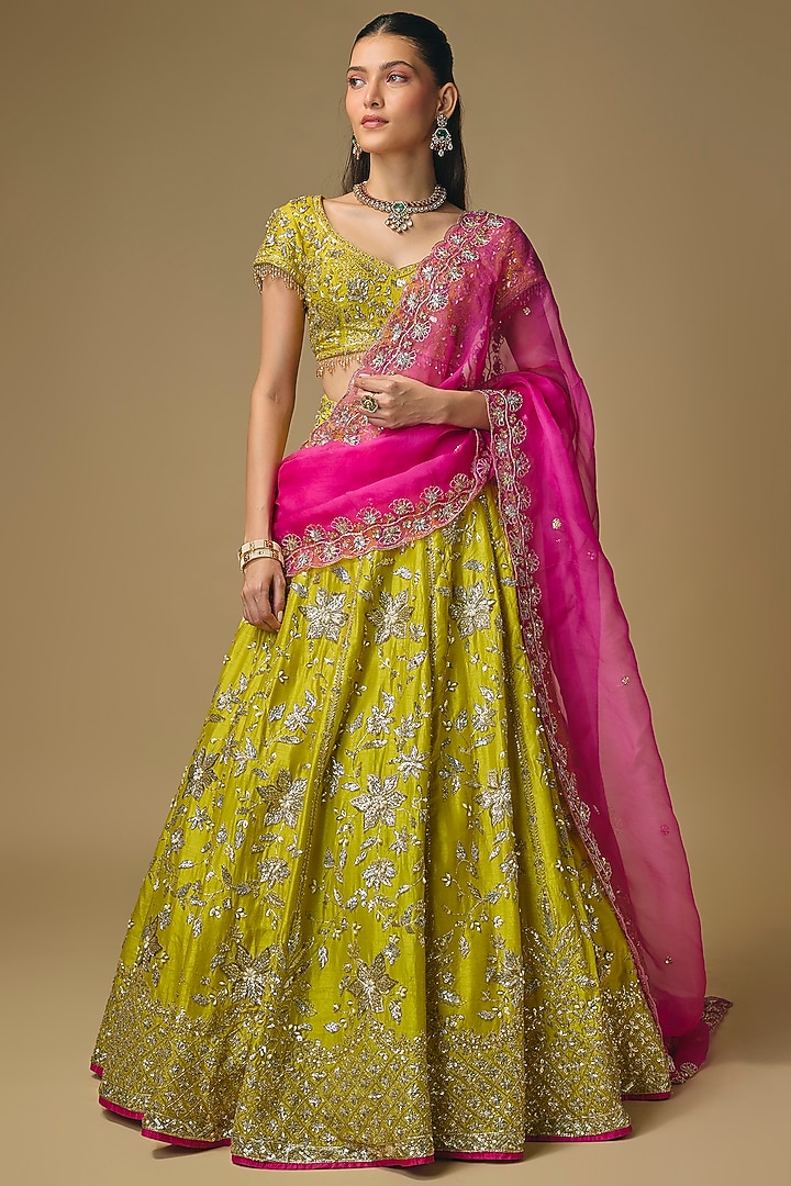 Bright Green Dupion Zardosi Embroidered Bridal Lehenga Set by Shlok Design at Pernia's Pop Up Shop