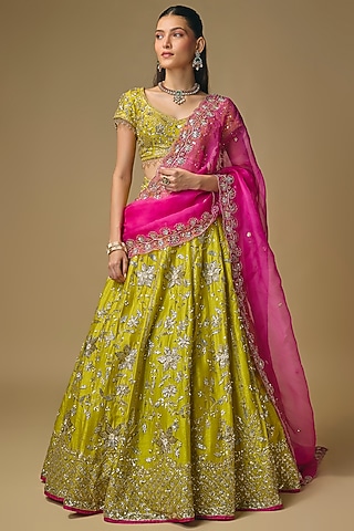Bright Green Dupion Zardosi Embroidered Lehenga Set by Shlok Design