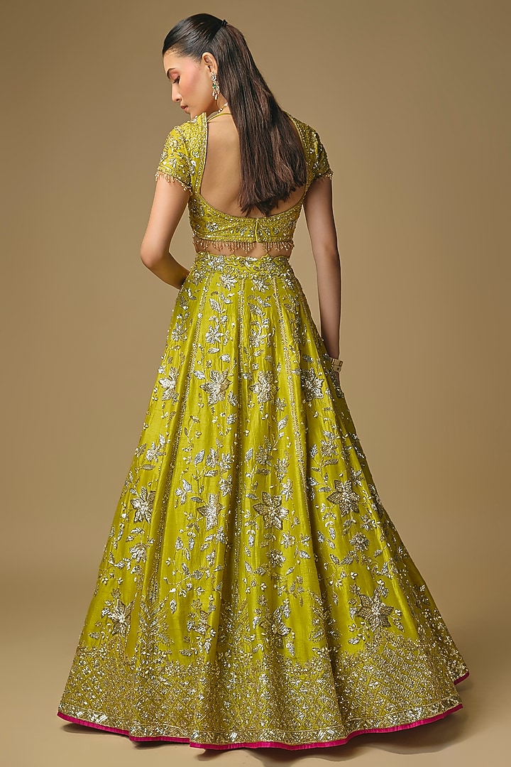 Bright Green Dupion Zardosi Embroidered Bridal Lehenga Set by Shlok Design at Pernia's Pop Up Shop