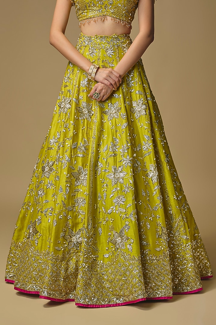 Bright Green Dupion Zardosi Embroidered Bridal Lehenga Set by Shlok Design at Pernia's Pop Up Shop