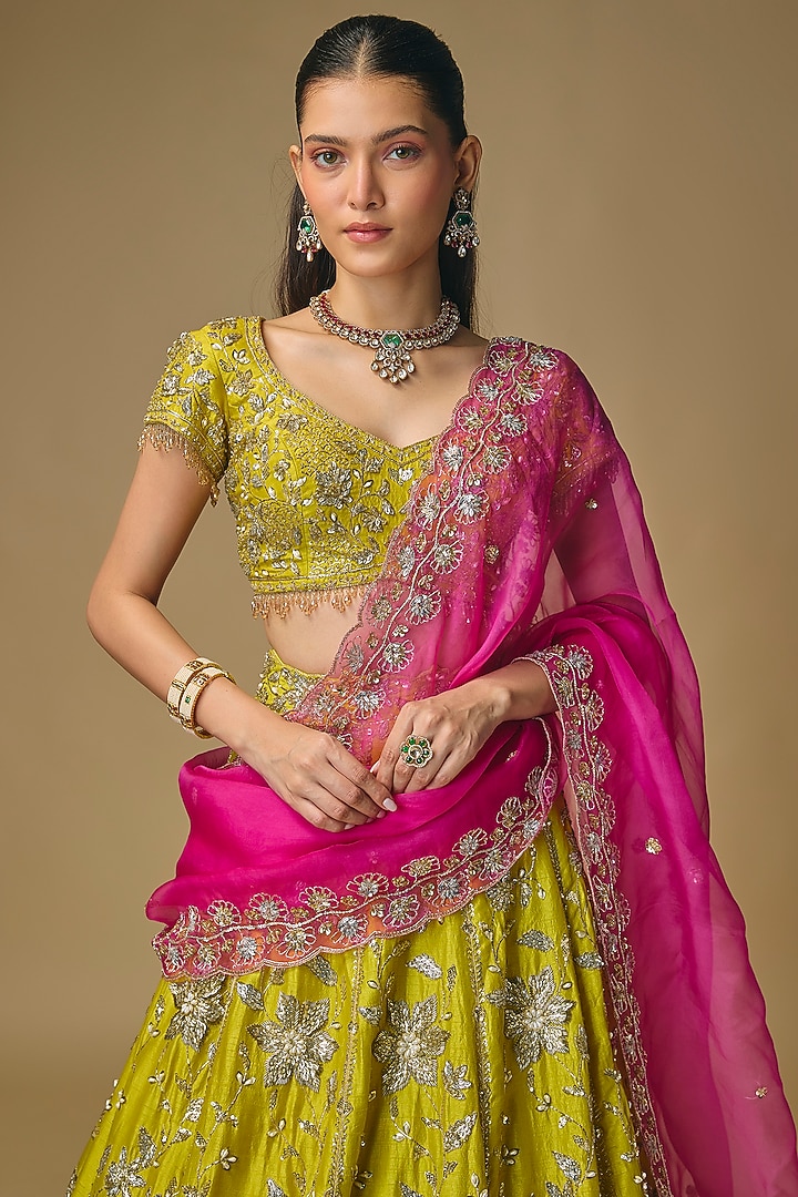Bright Green Dupion Zardosi Embroidered Bridal Lehenga Set by Shlok Design at Pernia's Pop Up Shop