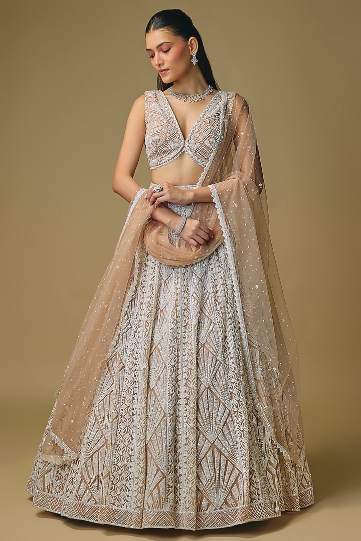 Beige Net Sequin & Pearl Embroidered Bridal Lehenga Set by Shlok Design at Pernia's Pop Up Shop