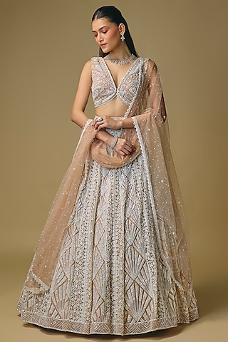 Beige Net Sequin & Pearl Embroidered Lehenga Set by Shlok Design