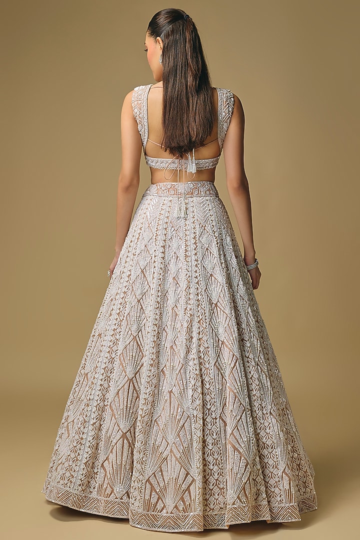 Beige Net Sequin & Pearl Embroidered Bridal Lehenga Set by Shlok Design at Pernia's Pop Up Shop