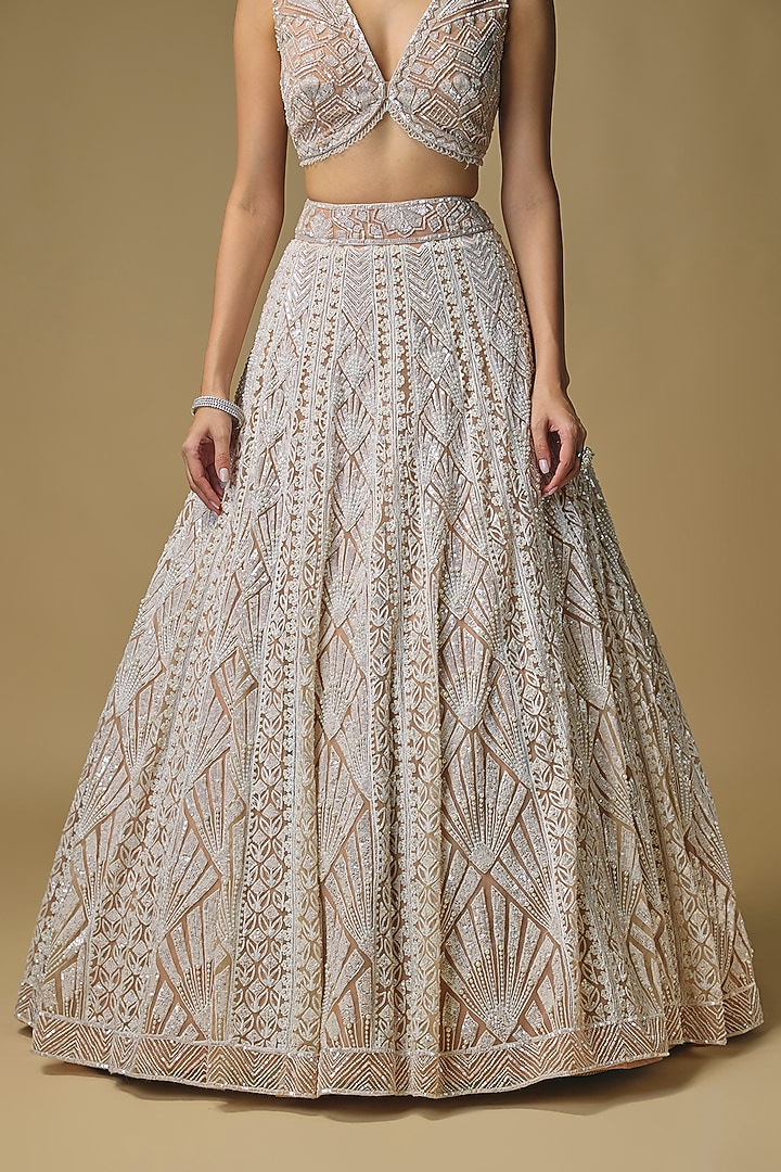 Beige Net Sequin & Pearl Embroidered Bridal Lehenga Set by Shlok Design at Pernia's Pop Up Shop