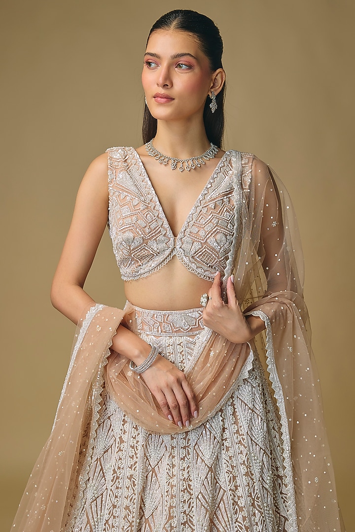 Beige Net Sequin & Pearl Embroidered Bridal Lehenga Set by Shlok Design at Pernia's Pop Up Shop