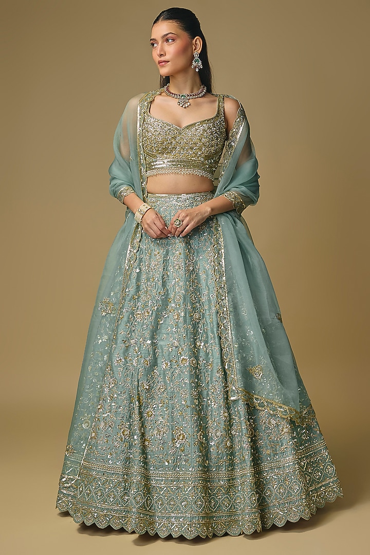 Moss Green Dupion Sequin Embroidered Bridal Lehenga Set by Shlok Design at Pernia's Pop Up Shop