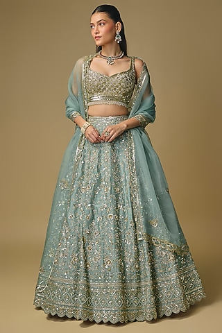 Moss Green Dupion Sequin Embroidered Lehenga Set by Shlok Design
