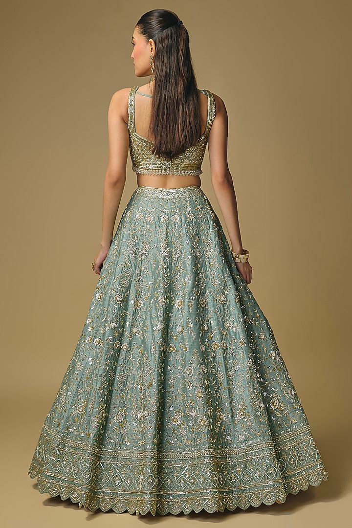 Moss Green Dupion Sequin Embroidered Bridal Lehenga Set by Shlok Design at Pernia's Pop Up Shop