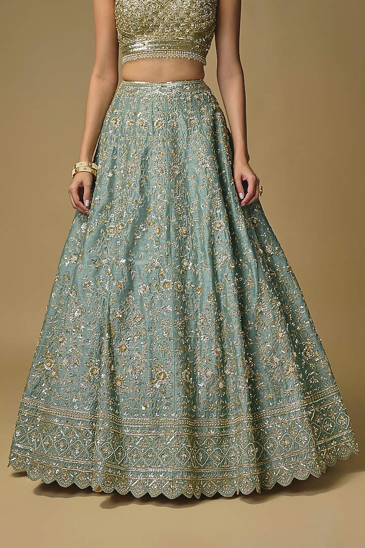 Moss Green Dupion Sequin Embroidered Bridal Lehenga Set by Shlok Design at Pernia's Pop Up Shop