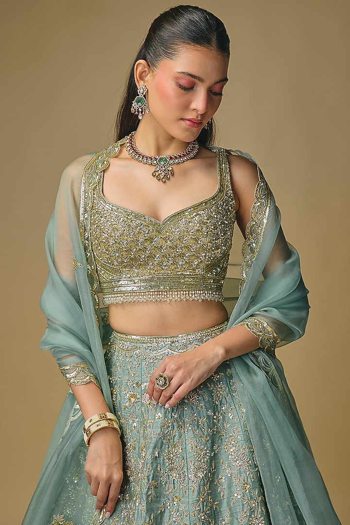 Moss Green Dupion Sequin Embroidered Bridal Lehenga Set by Shlok Design at Pernia's Pop Up Shop