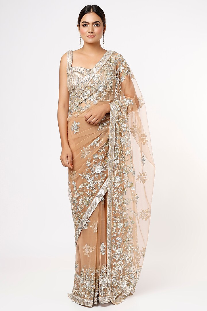 Rose Gold Embroidered Saree Set by Shlok Design at Pernia's Pop Up Shop