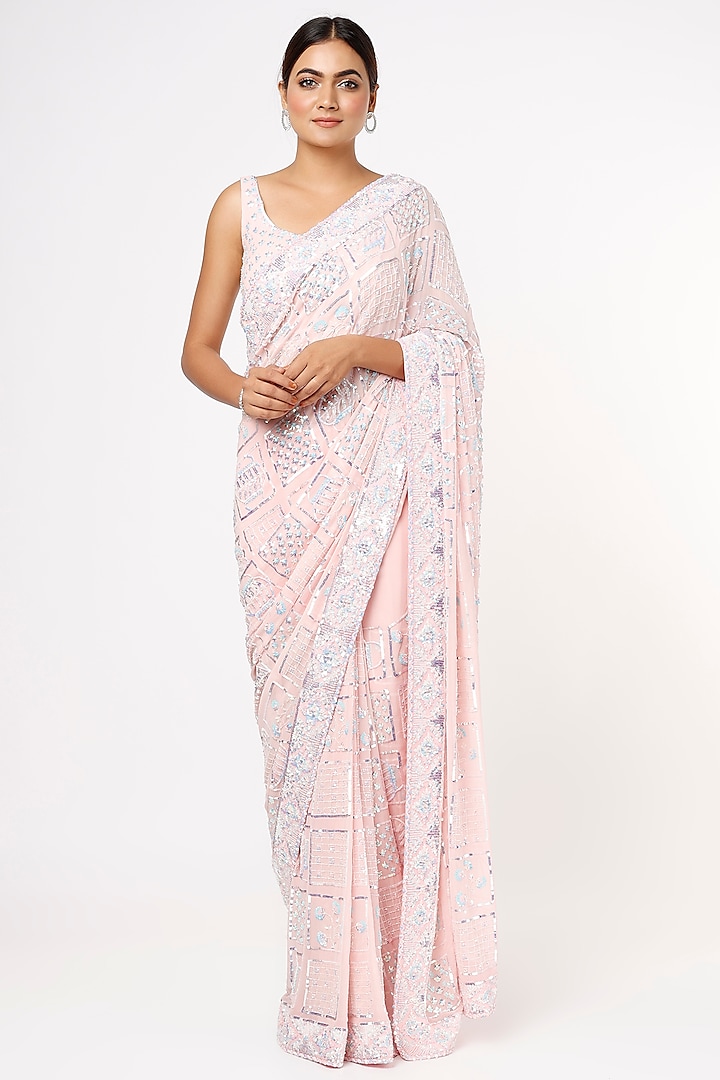 Blush Pink Cutdana Embroidered Saree Set by Shlok Design