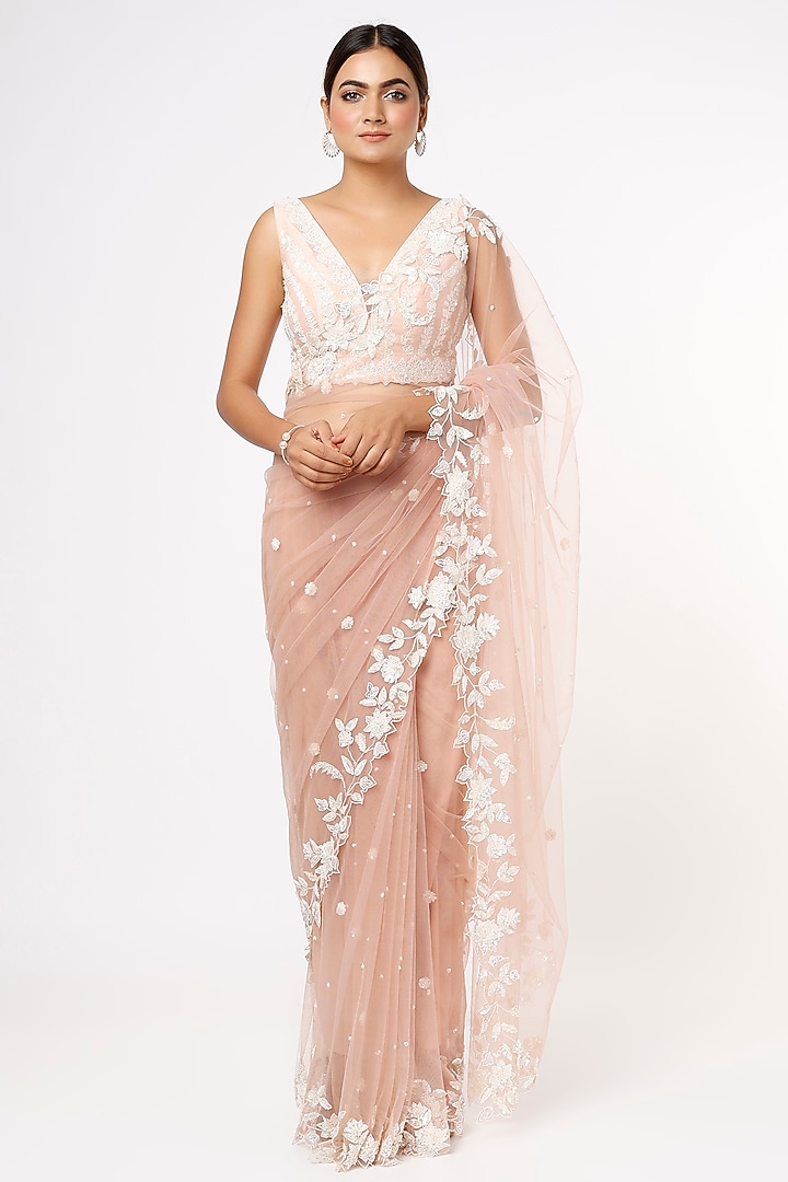 Peach Embroidered Wedding Saree Set by Shlok Design at Pernia's Pop Up Shop