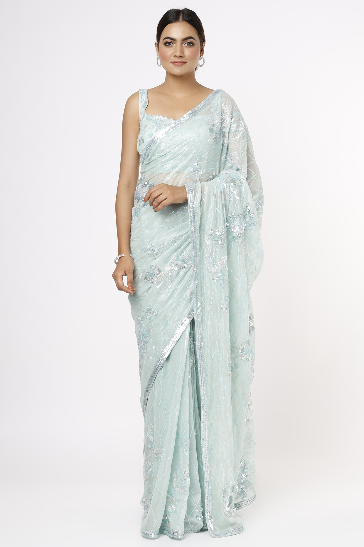 Sea Green Floral Embroidered Saree Set by Shlok Design