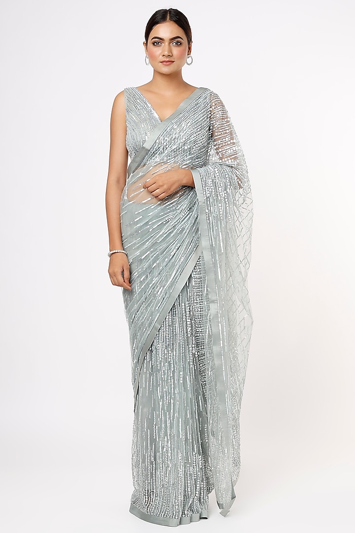 Grey Sequins Embroidered Saree Set by Shlok Design