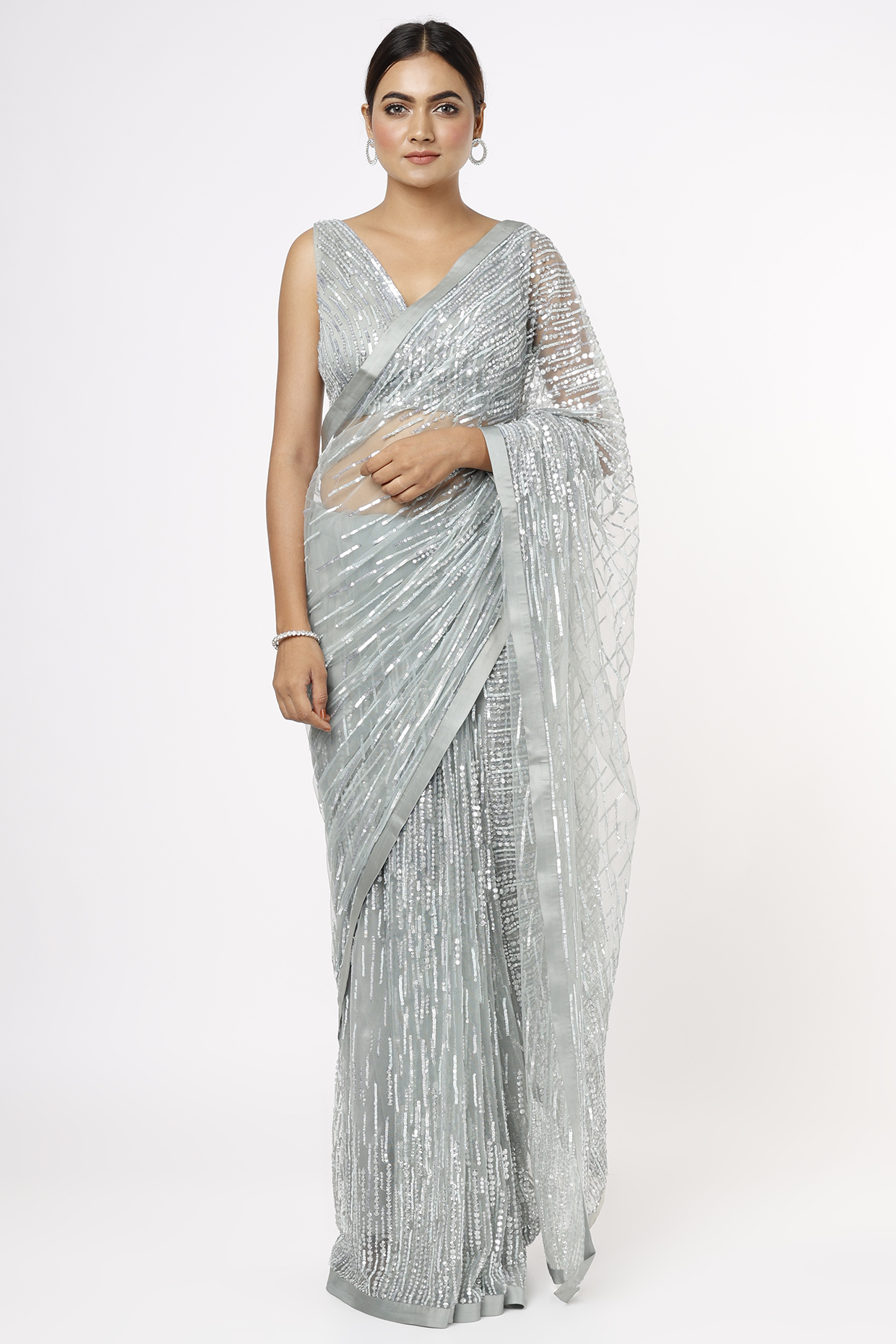 Grey Sequins Embroidered Saree Set by Shlok Design