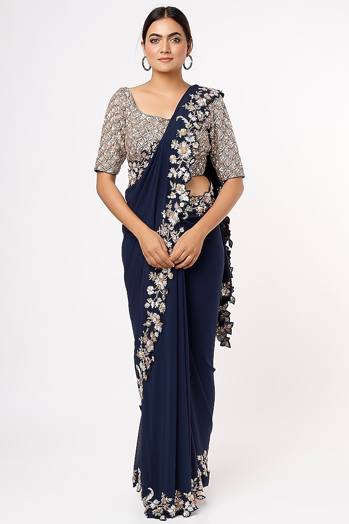 Deep Blue Embroidered Saree Set by Shlok Design
