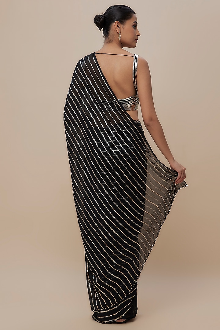 Black Georgette Sequins Embroidered Wedding Saree Set by Shlok Design at Pernia's Pop Up Shop
