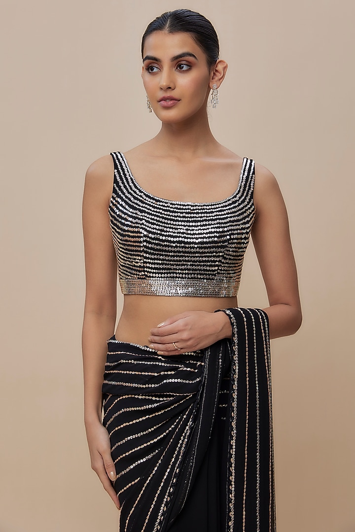 Black Georgette Sequins Embroidered Wedding Saree Set by Shlok Design at Pernia's Pop Up Shop