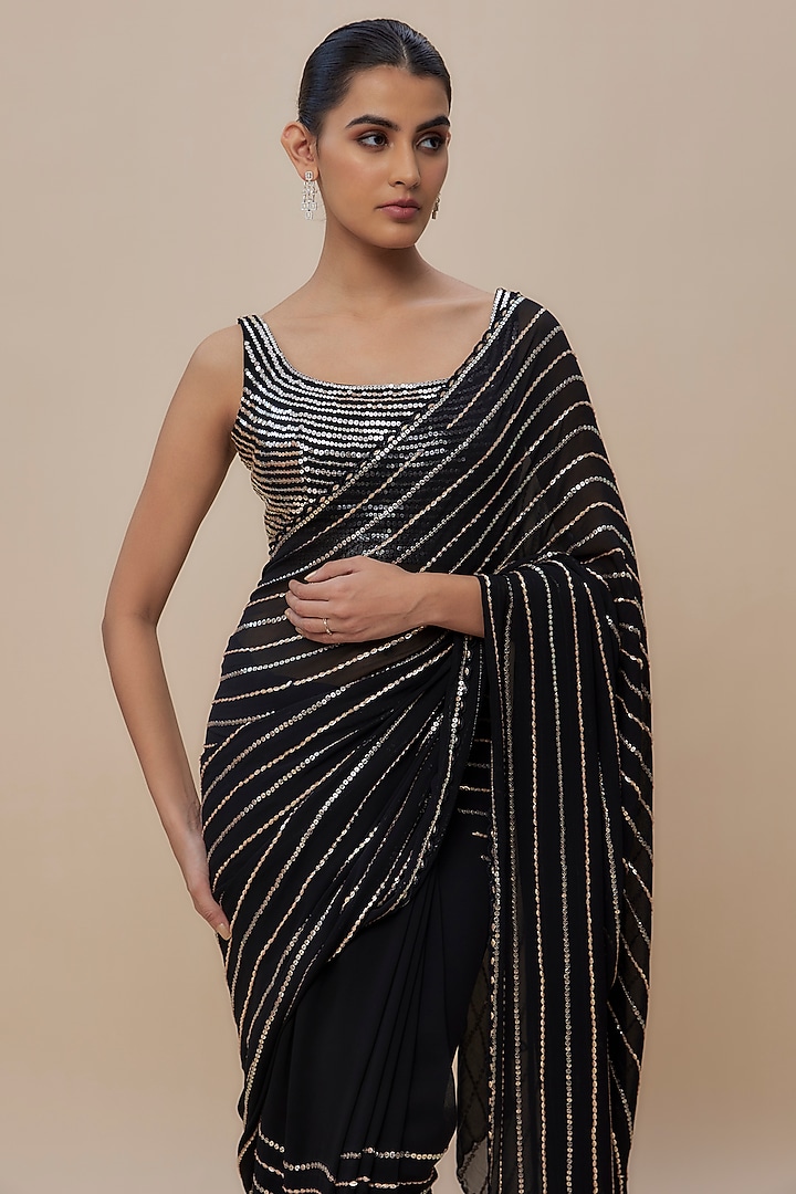 Black Georgette Sequins Embroidered Wedding Saree Set by Shlok Design at Pernia's Pop Up Shop