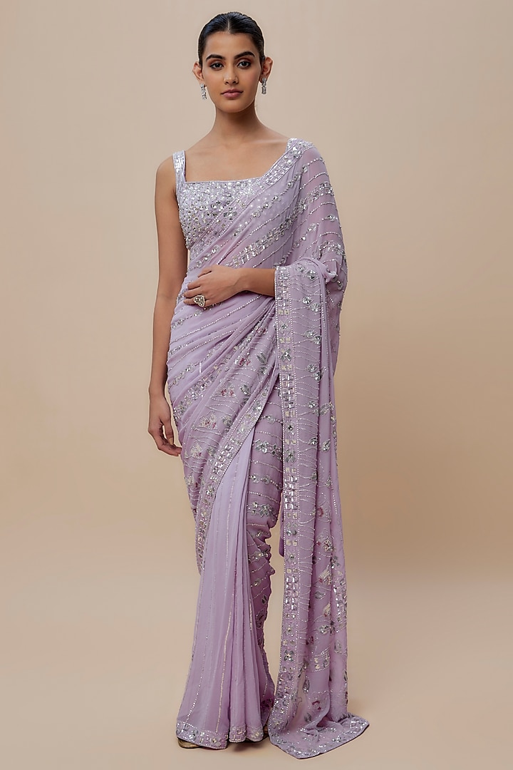 Purple Georgette Sequins Embroidered Reception Saree Set by Shlok Design at Pernia's Pop Up Shop