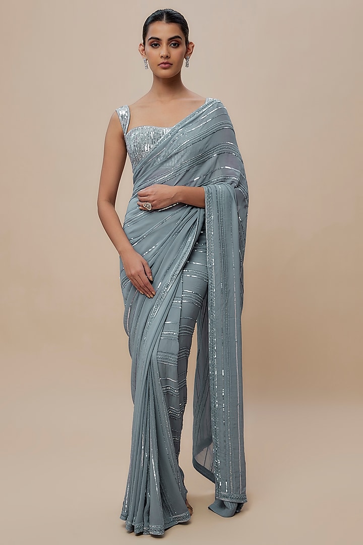 Grey Georgette Sequins & Cutdana Embroidered Saree Set by Shlok Design at Pernia's Pop Up Shop