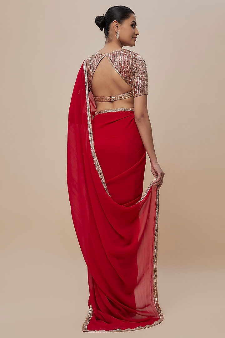 Red Georgette Zardosi Embroidered Wedding Saree Set by Shlok Design at Pernia's Pop Up Shop
