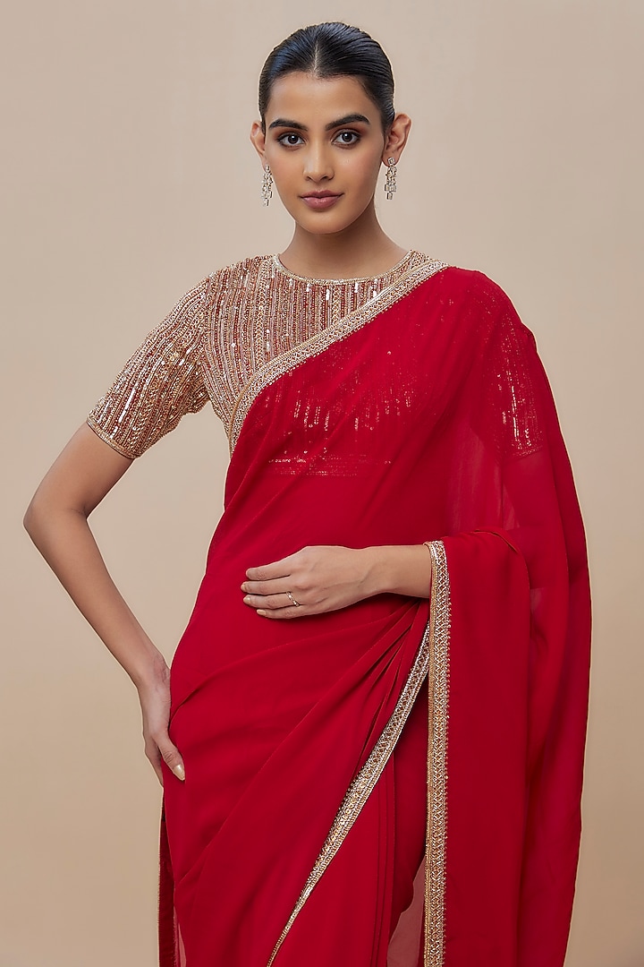 Red Georgette Zardosi Embroidered Wedding Saree Set by Shlok Design at Pernia's Pop Up Shop