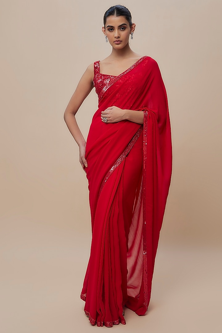 Red Georgette Sequins Embroidered Saree Set by Shlok Design