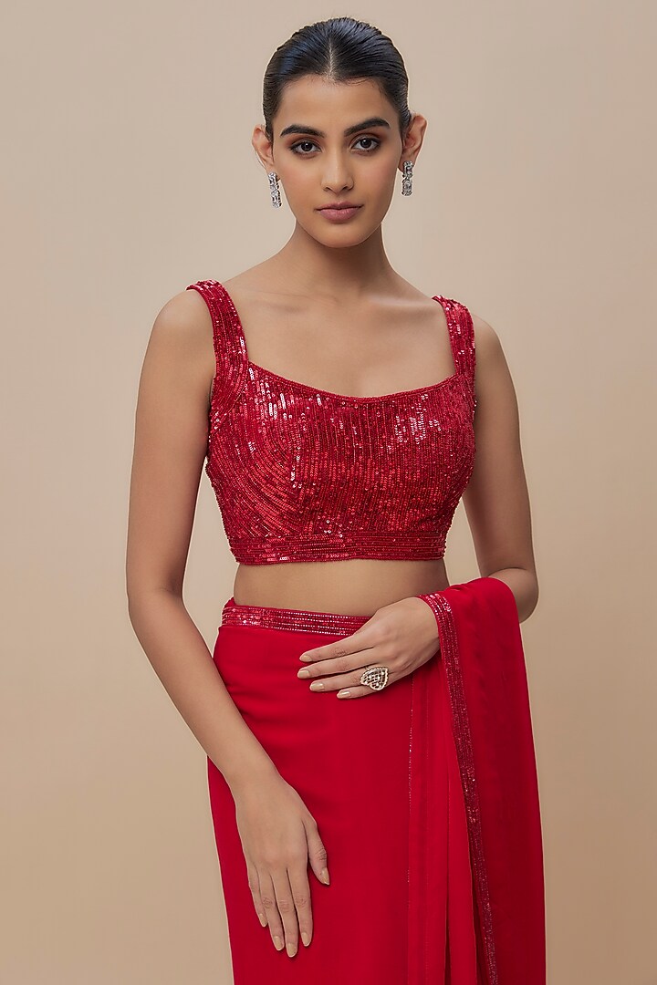 Red Georgette Sequins Embroidered Wedding Saree Set by Shlok Design at Pernia's Pop Up Shop