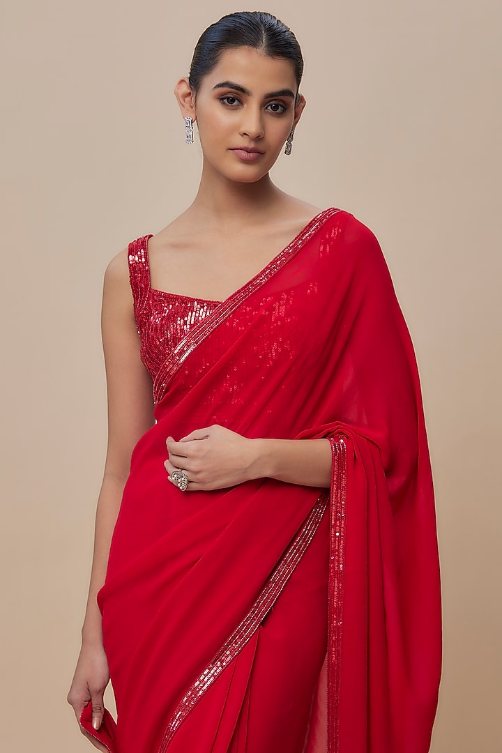 Red Georgette Sequins Embroidered Wedding Saree Set by Shlok Design at Pernia's Pop Up Shop