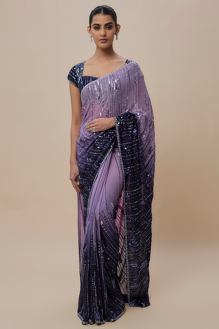 Purple Georgette Sequins Embroidered Saree Set by Shlok Design