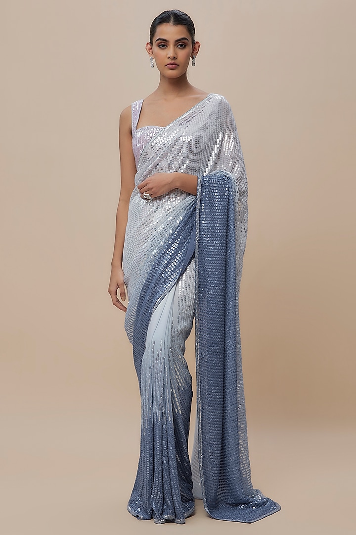 Blue Georgette Sequins Embroidered Ombre Saree Set by Shlok Design