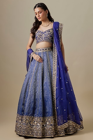Cobalt Blue Banarasi Handloom & Silk Zardosi Embroidered Lehenga Set by Shlok Design