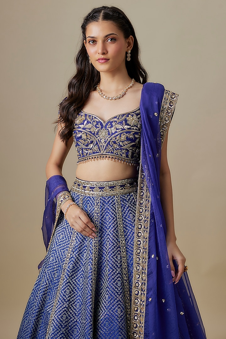 Cobalt Blue Banarasi Handloom & Silk Zardosi Embroidered Bridal Lehenga Set by Shlok Design at Pernia's Pop Up Shop