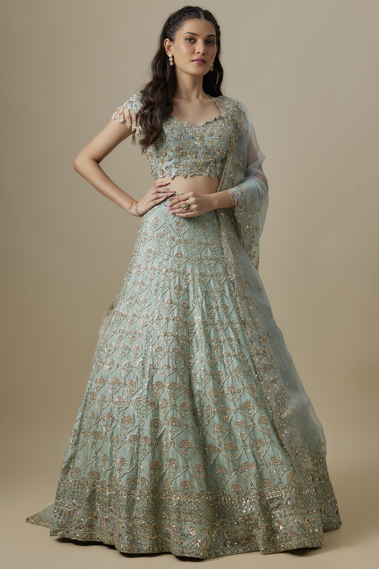 Green Dupion Silk Sequins Embroidered Bridal Lehenga Set by Shlok Design at Pernia's Pop Up Shop
