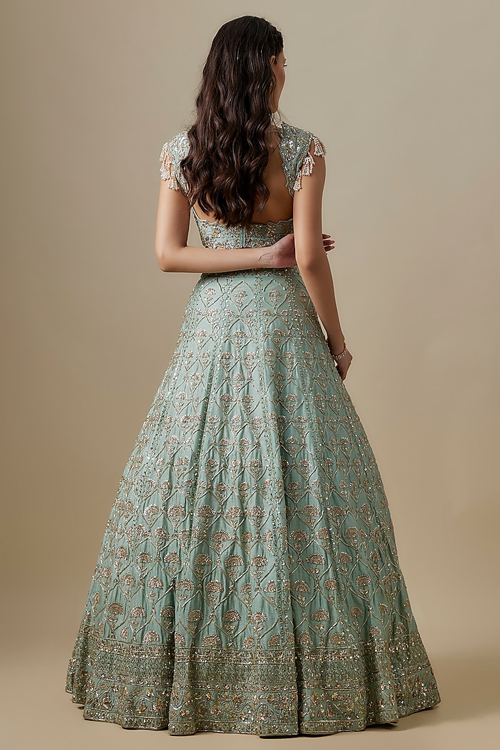 Green Dupion Silk Sequins Embroidered Bridal Lehenga Set by Shlok Design at Pernia's Pop Up Shop