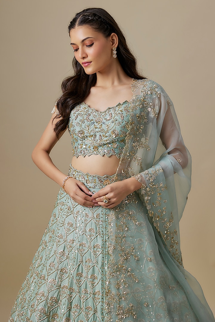 Green Dupion Silk Sequins Embroidered Bridal Lehenga Set by Shlok Design at Pernia's Pop Up Shop